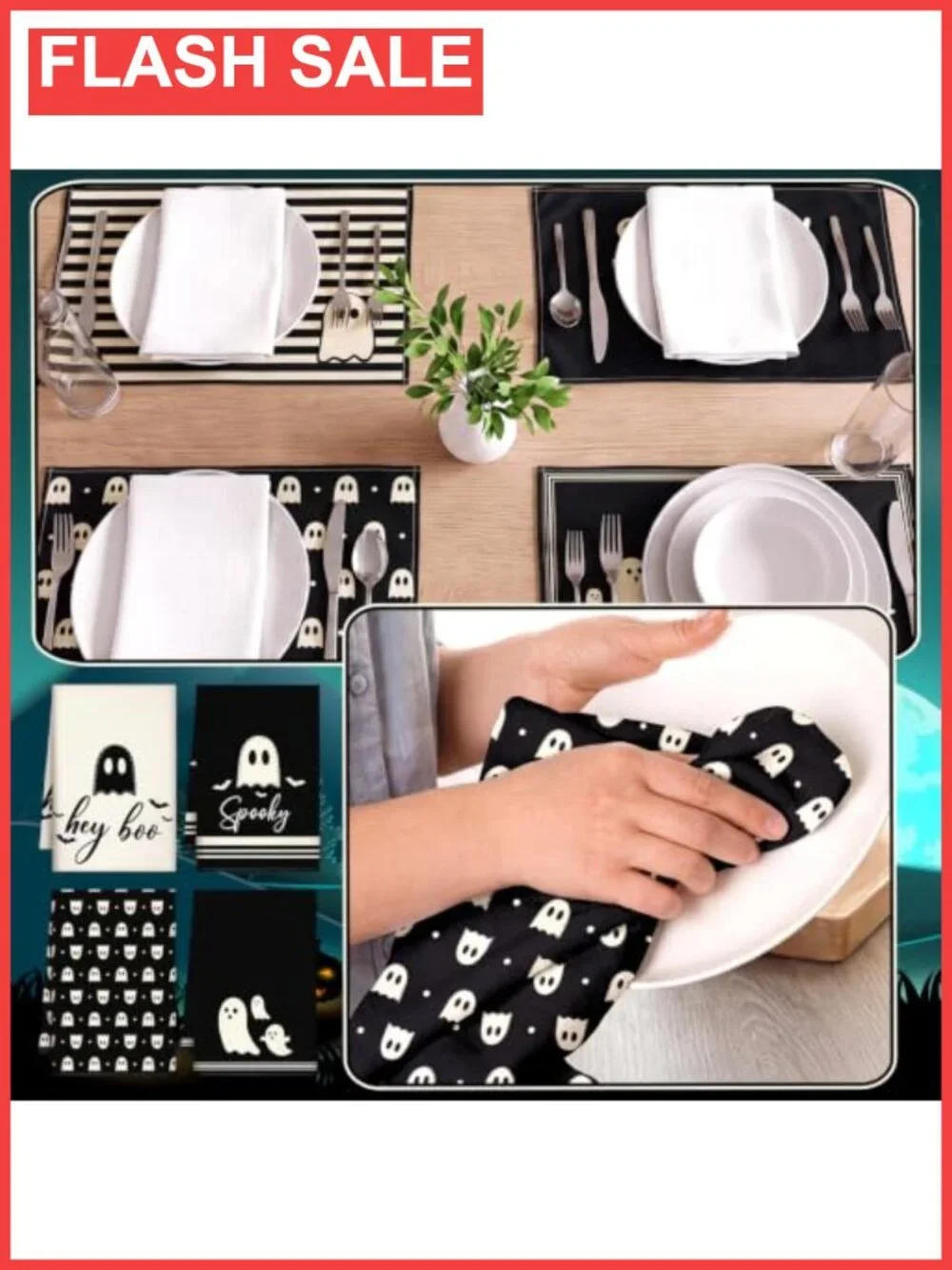 Halloween Kitchen Decor Set 16 Pc Ghost Towels Rugs Oven Mitts
